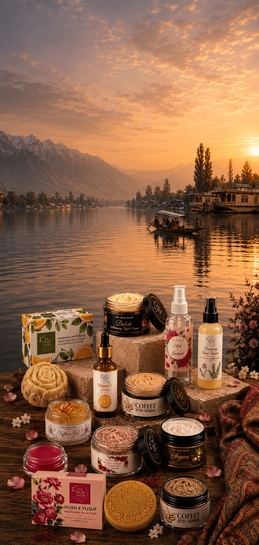 The Skin Shop's skincare collection arranged before the Dal Lake at sunset in Kashmir